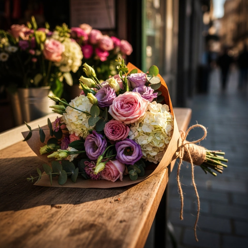 Handcrafted flower bouquet made with fresh seasonal flowers, prepared by a local florist in Madrid