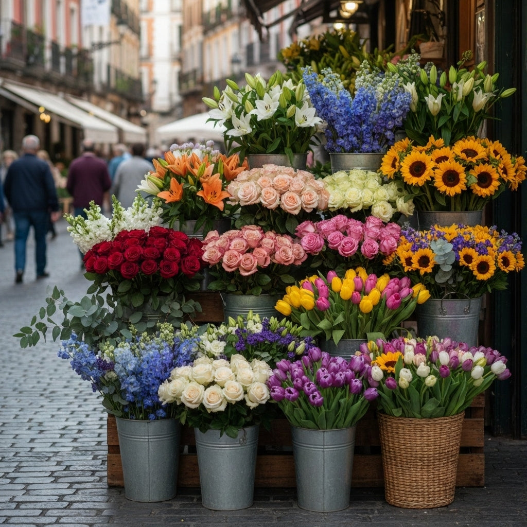 Fresh cut flowers displayed at a local flower kiosk in Madrid, featuring roses, lilies, tulips, and seasonal blooms  Why this works: