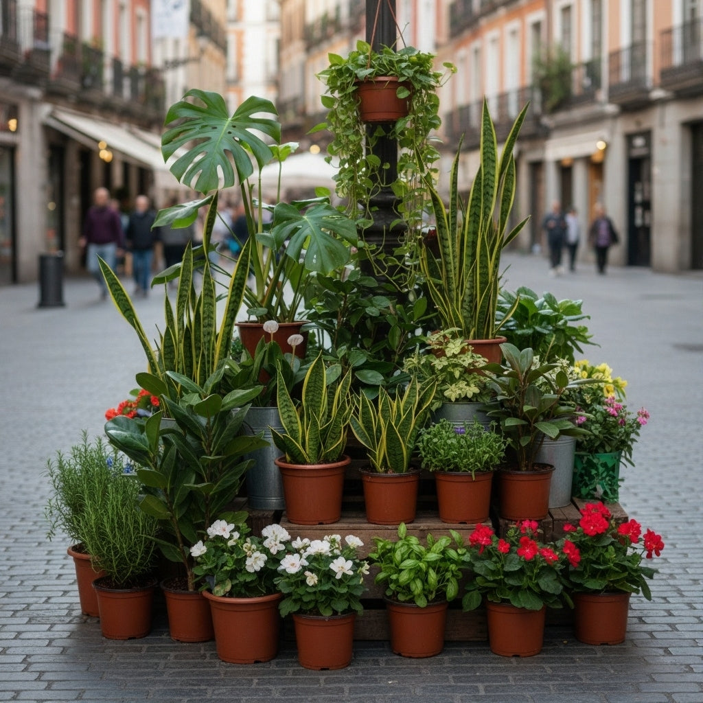 Healthy indoor and outdoor plants for sale at a flower kiosk in Madrid, including monstera, herbs, and flowering plants